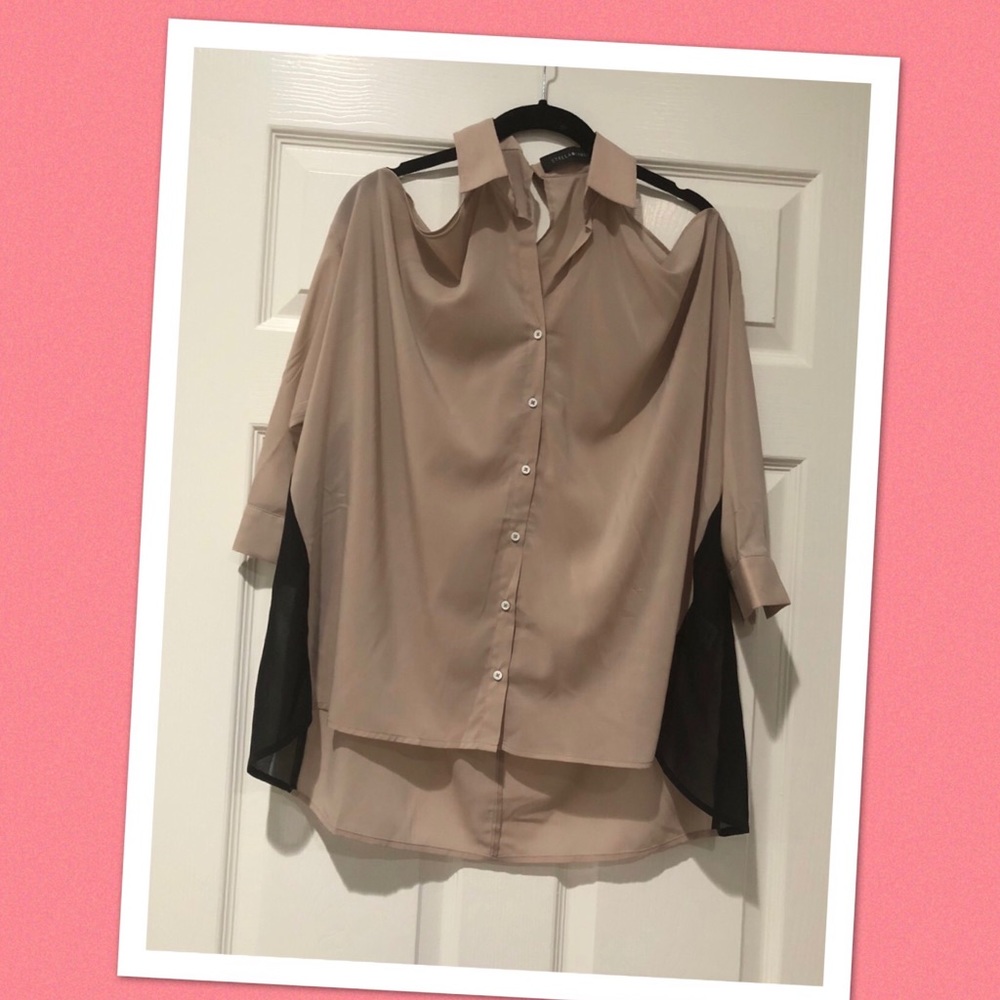 Beige/tan open shoulder button down blouse